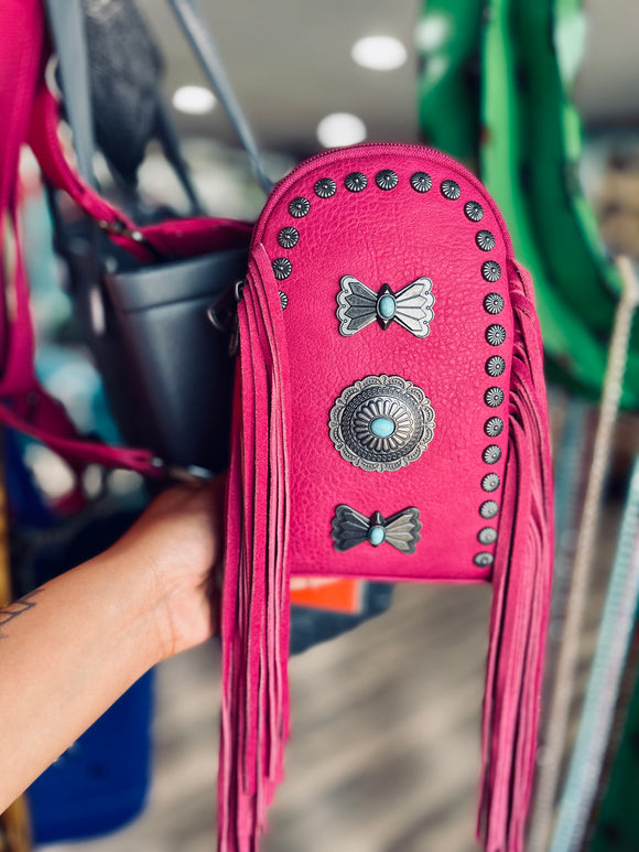 Pink turquoise studded fringe crossbody-Montana west
