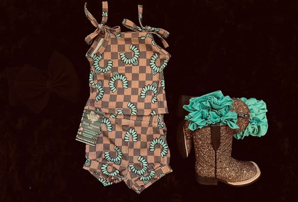 Brown checkered/turquoise squash blossom set