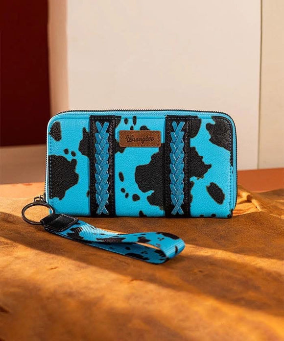 Turquoise cow print wrangler wallet