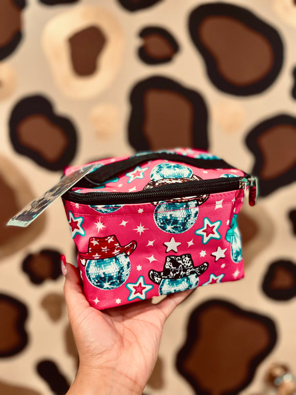 Pink disco cowgirl makeup bag