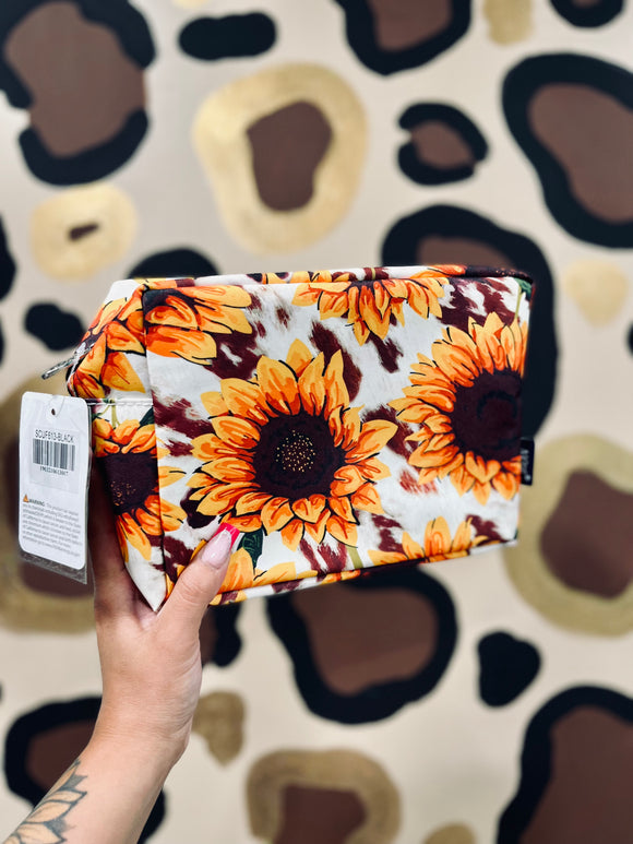 Cowhide sunflower makeup bag/travel bag