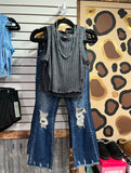 Dark denim distressed jeans