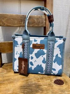 Blue cow print wrangler purse