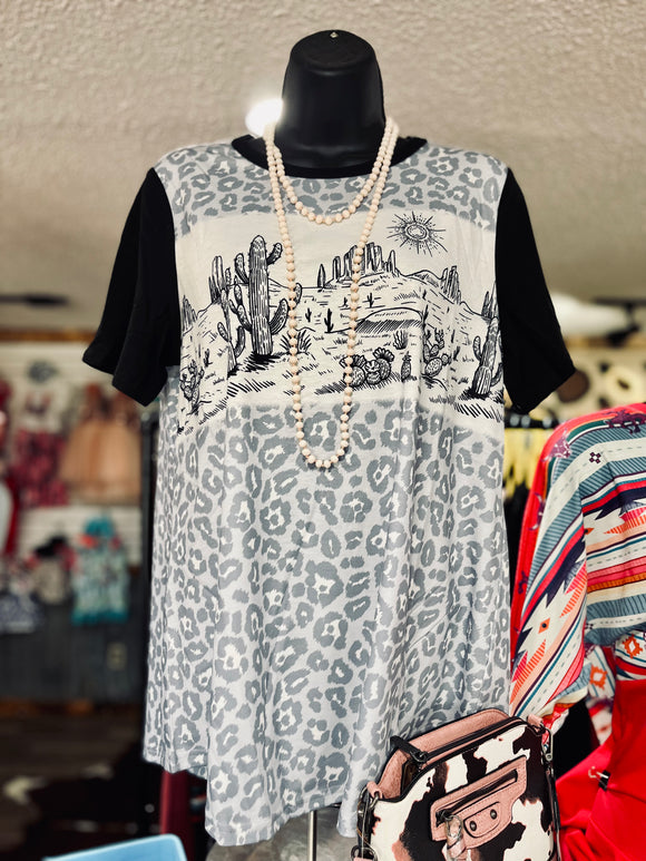 Black leopard western top